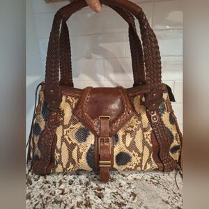 Cole Haan Snakeskin Leather Tote Shoulder Bag Brown Beige Black Hobo Woven